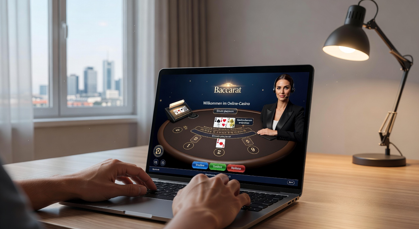 Dealer am Baccarat-Tisch in einem deutschen Online-Casino, der Karten verteilt und Spieler beobachtet