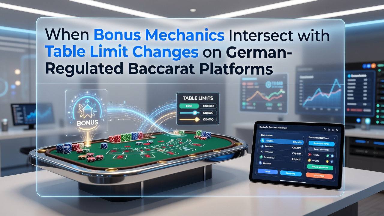 Blick auf eine regulierte Baccarat-Tischoberfläche mit Bonusanzeige und Limitmarkierungen auf einer deutschen Plattform